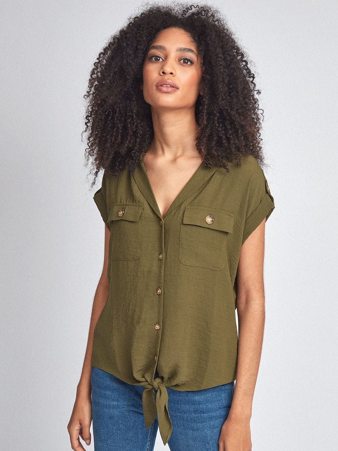 DOROTHY PERKINS Women Olive Green Regular Fit Solid Casual Shirt