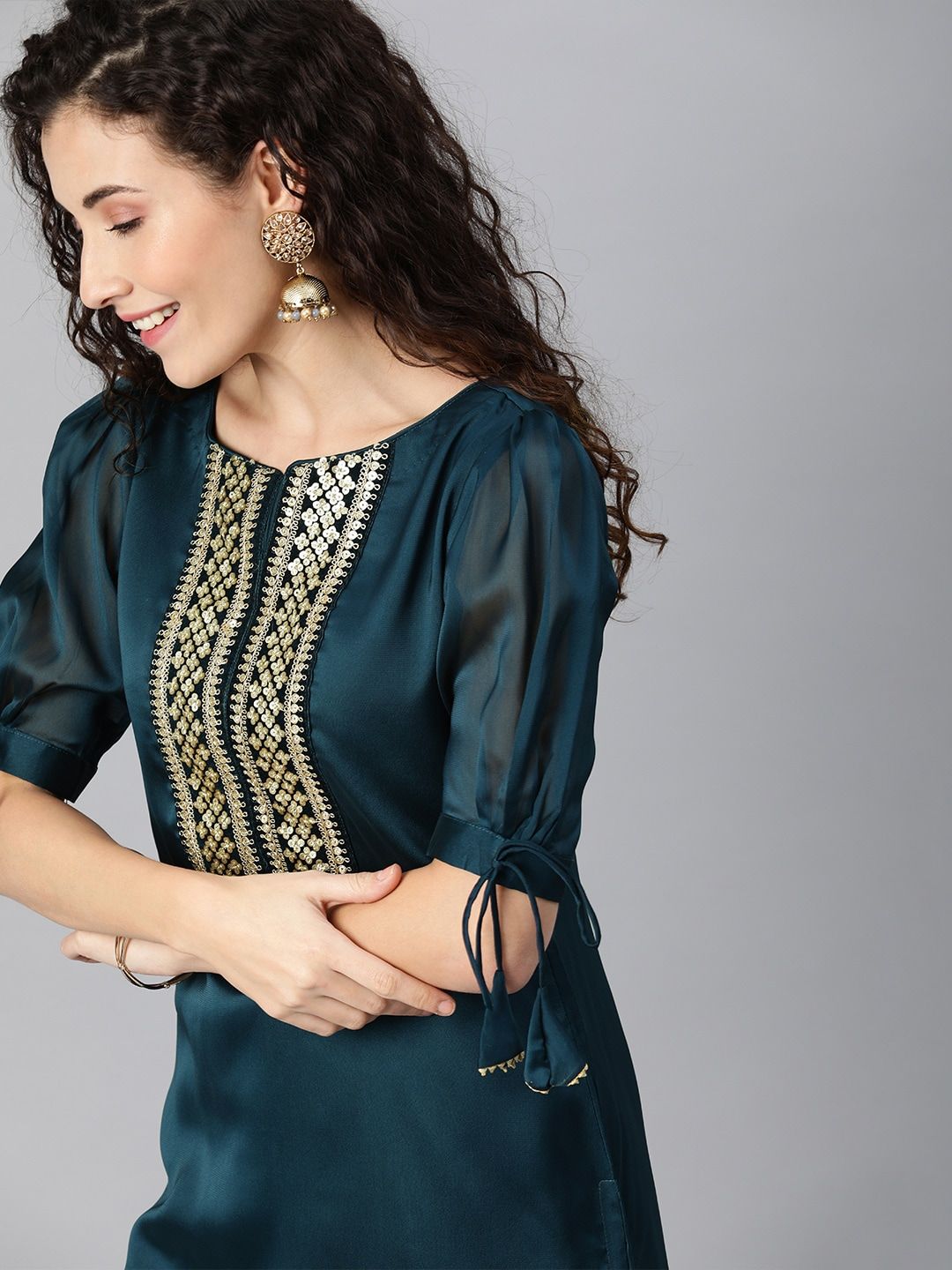 Inddus Women Teal Blue Yoke Design Kurta with Trousers Price in India