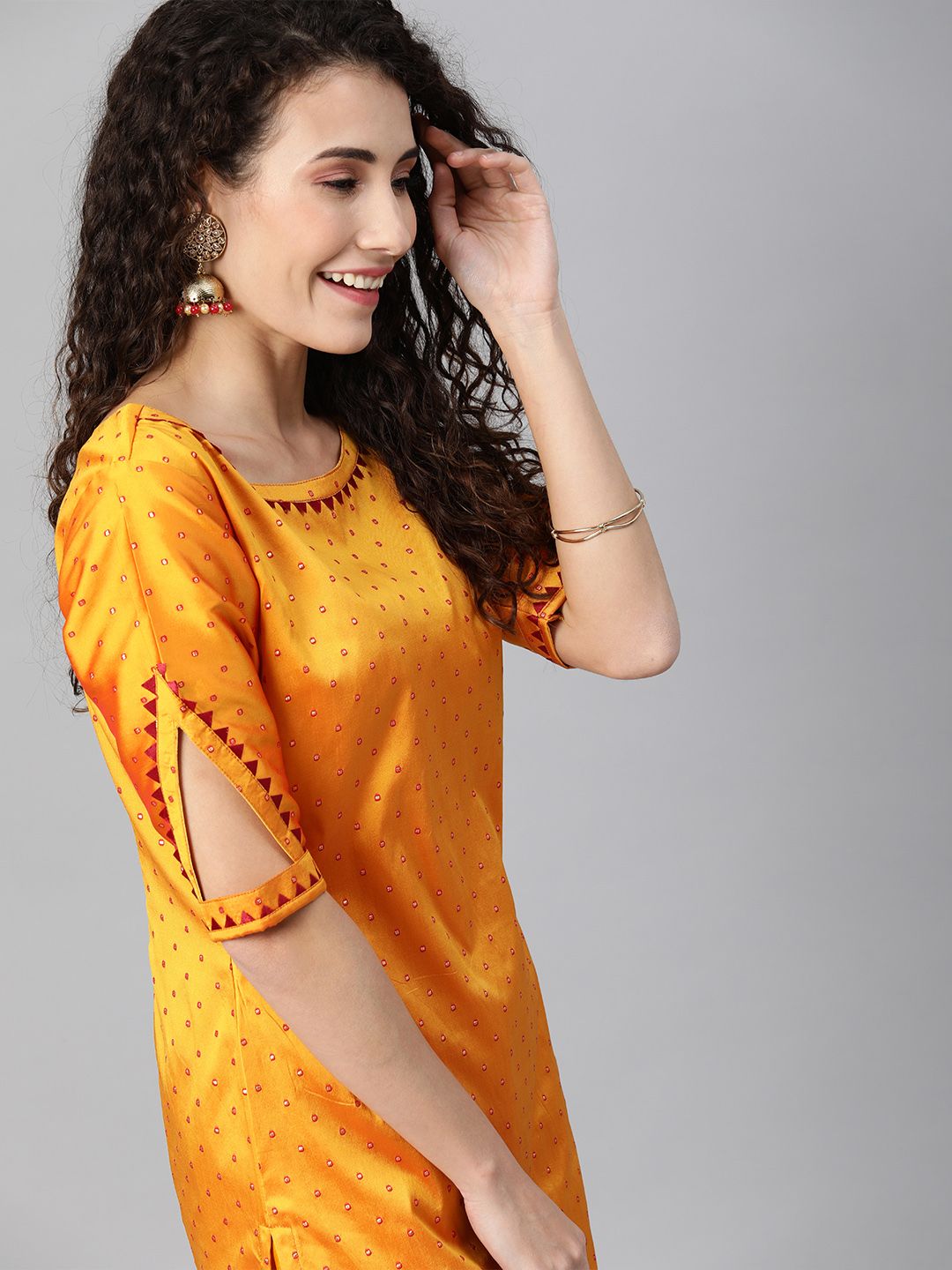 Inddus Women Mustard Yellow & Red Woven Design Kurta with Trousers Price in India