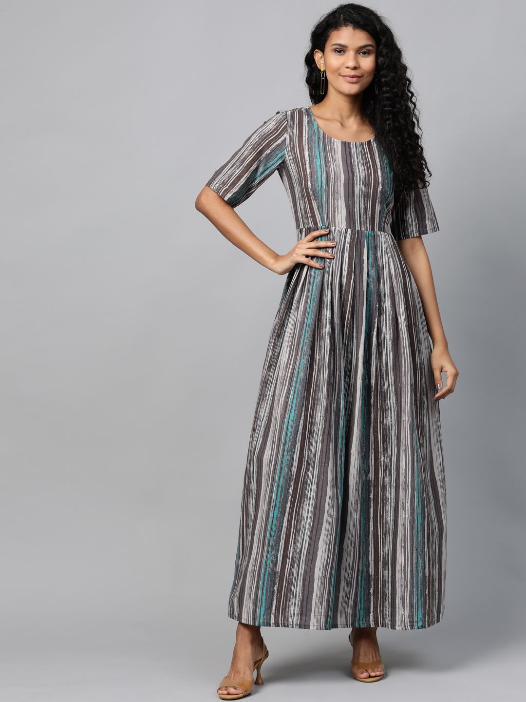 Idalia Women Grey & Off-White Striped Maxi Dress Price in India