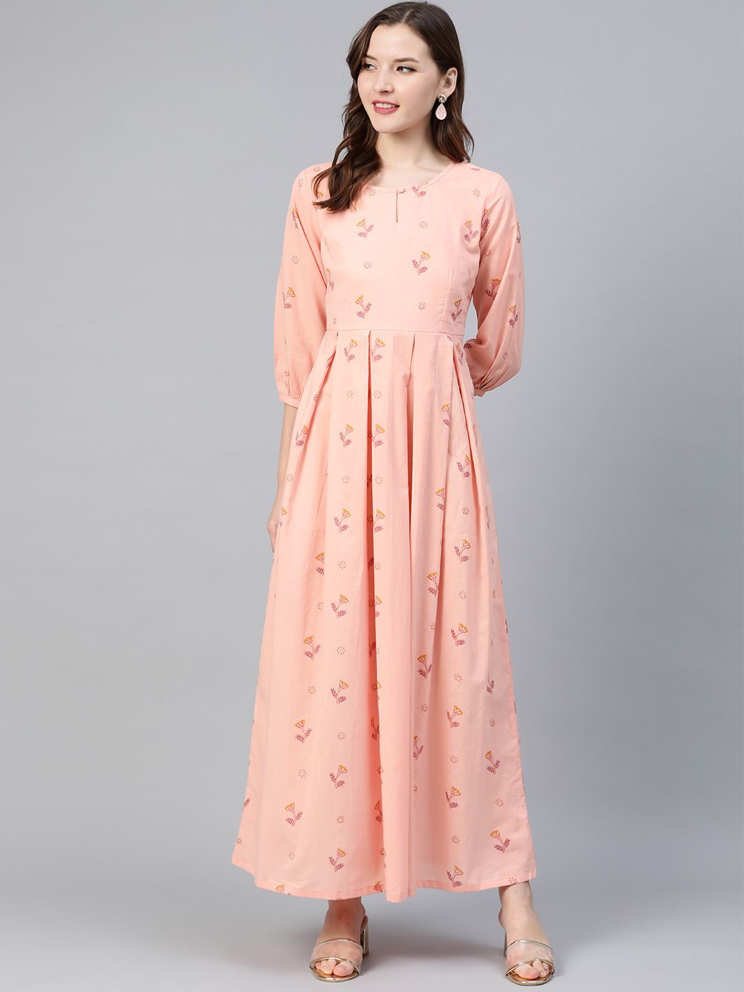 Idalia Women Peach-Coloured & Pink Printed Maxi Dress Price in India