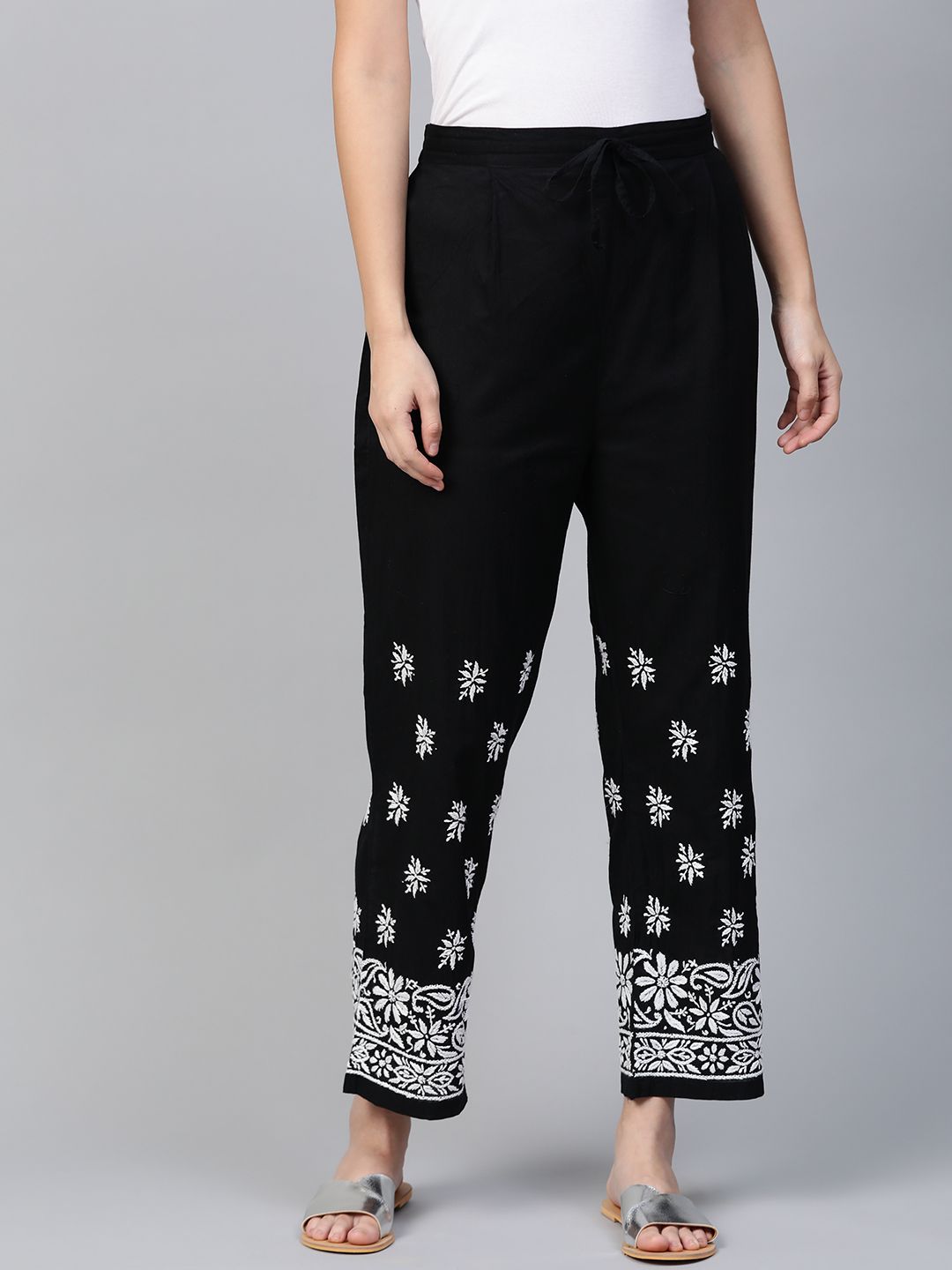 ADA Women Black & White Chikankari Hand Embroidered Straight Sustainable Palazzos Price in India