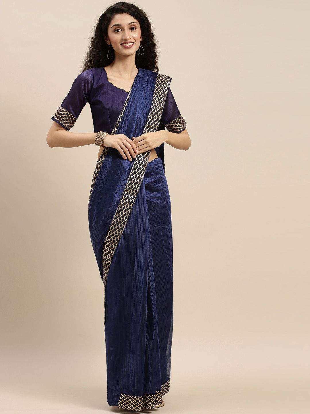 Silk Bazar Navy Blue Solid Art Silk Saree Price in India