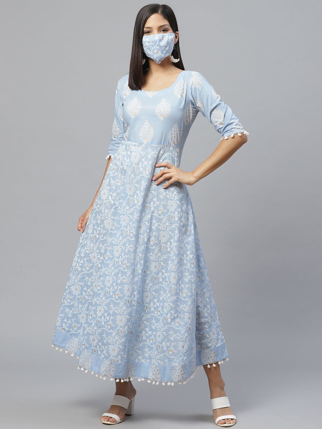 Libas Blue & White Ethnic Motifs Printed Cotton Maxi Dress Price in India