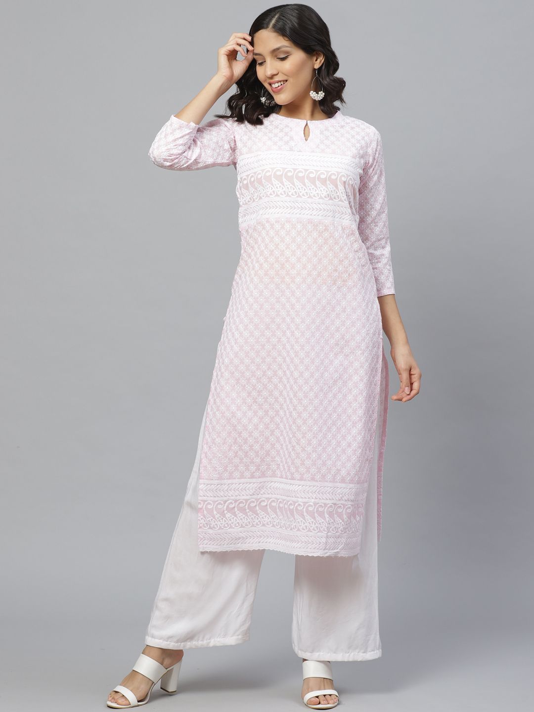 Libas Women Pink & White Embroidered Straight Kurta Price in India