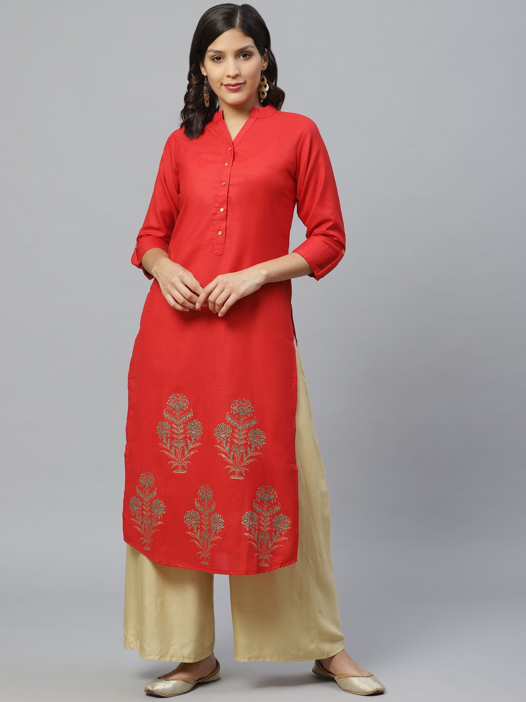Libas Women Red & Golden Printed Straight Kurta Price in India