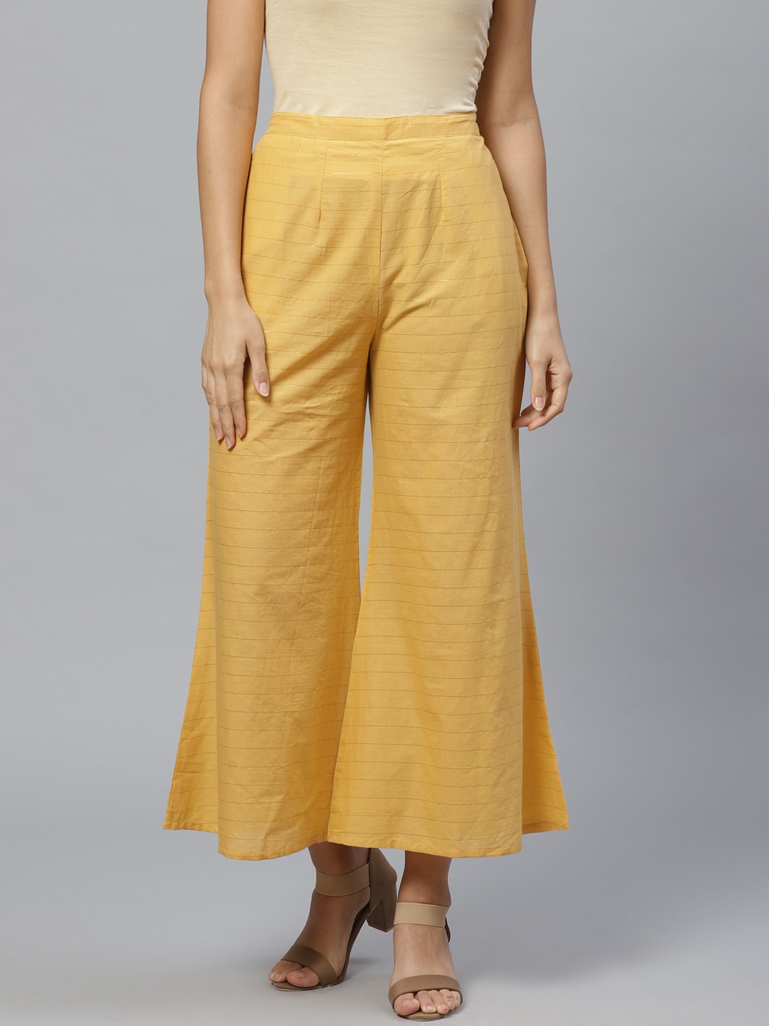 Libas Women Yellow & Golden Striped Wide Leg Palazzos Price in India