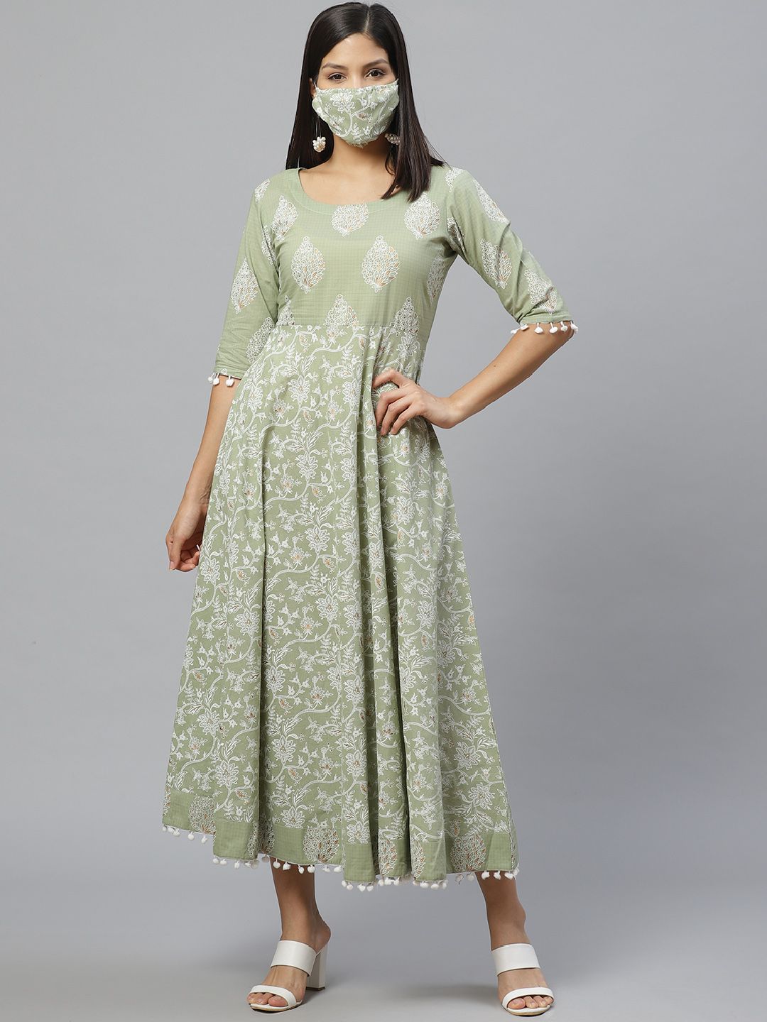 Libas Sage Green & Off-White Ethnic Motifs Printed Maxi Cotton Dress With Mask Price in India