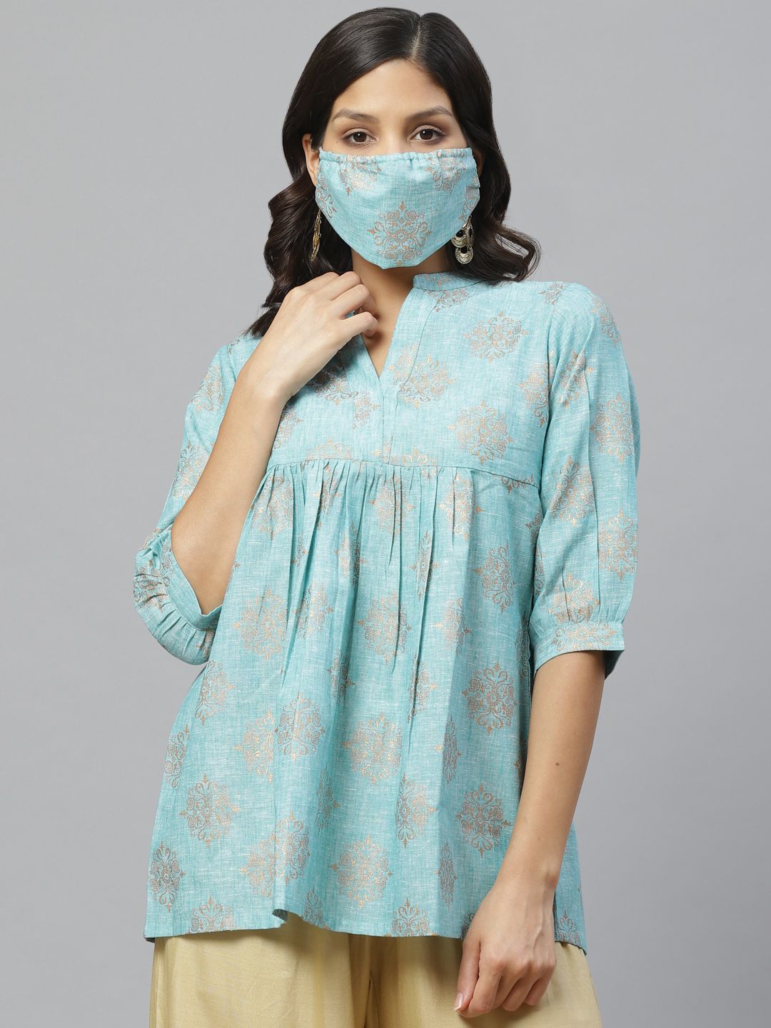 Libas Women Blue Golden Ethnic Print Pure Cotton A-Line Kurti