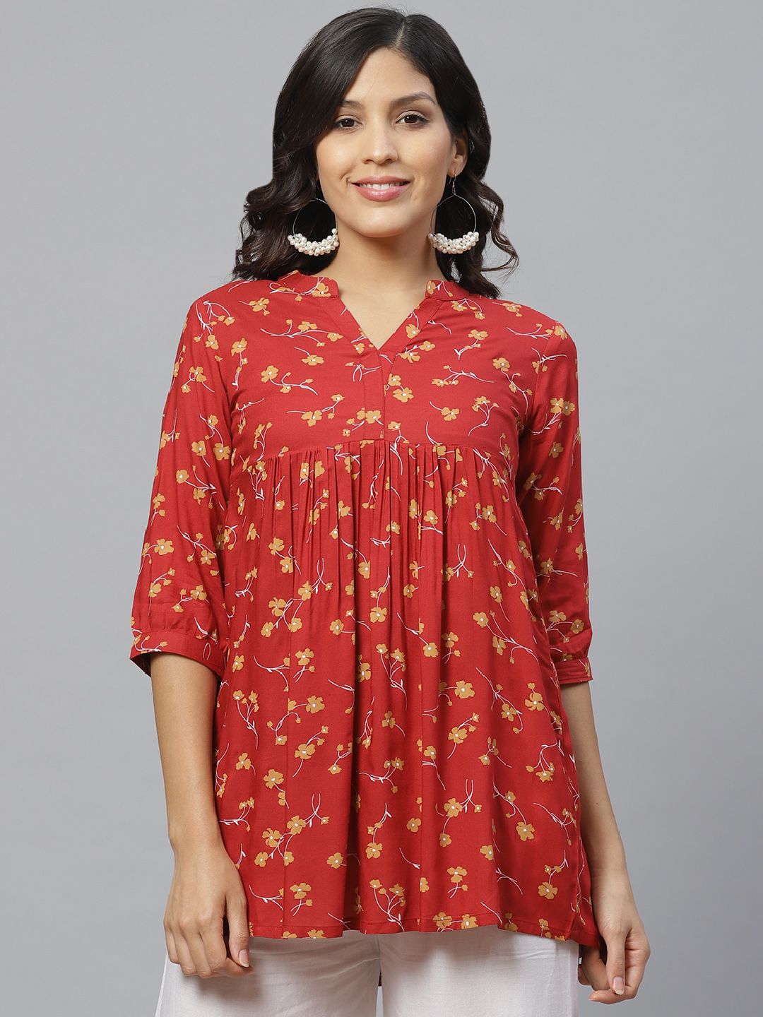 Libas Women Red & Mustard Yellow Floral Print A-Line Kurti Price in India