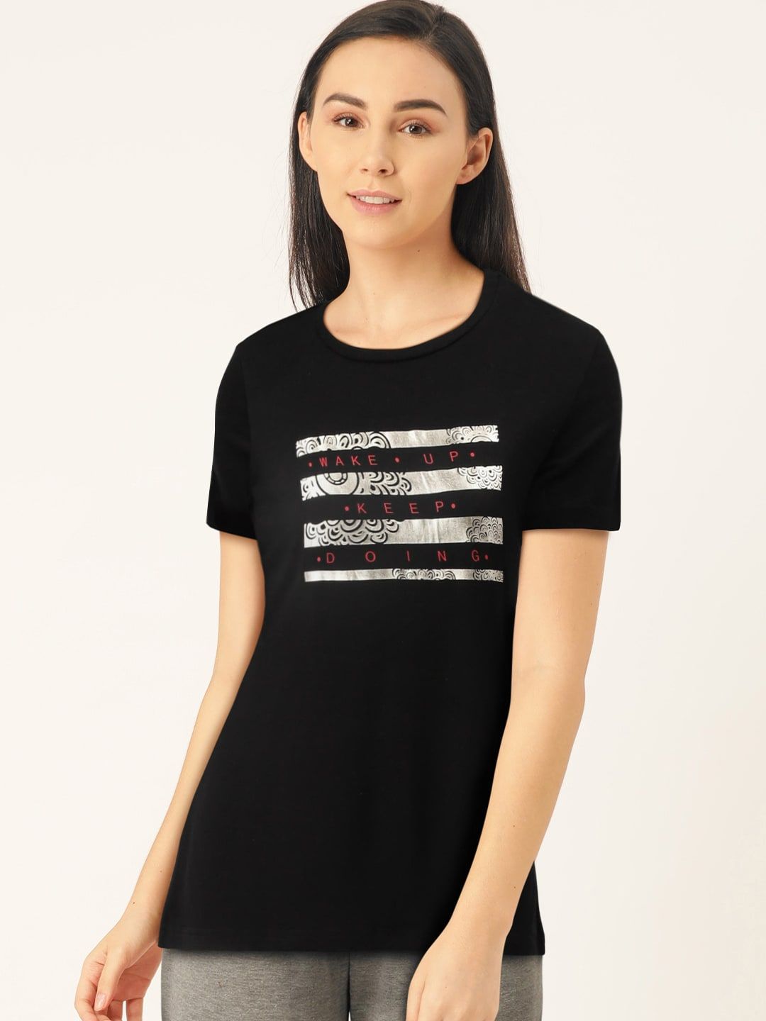 Sweet Dreams Women Black & White Printed Round Neck Lounge T-Shirt Price in India