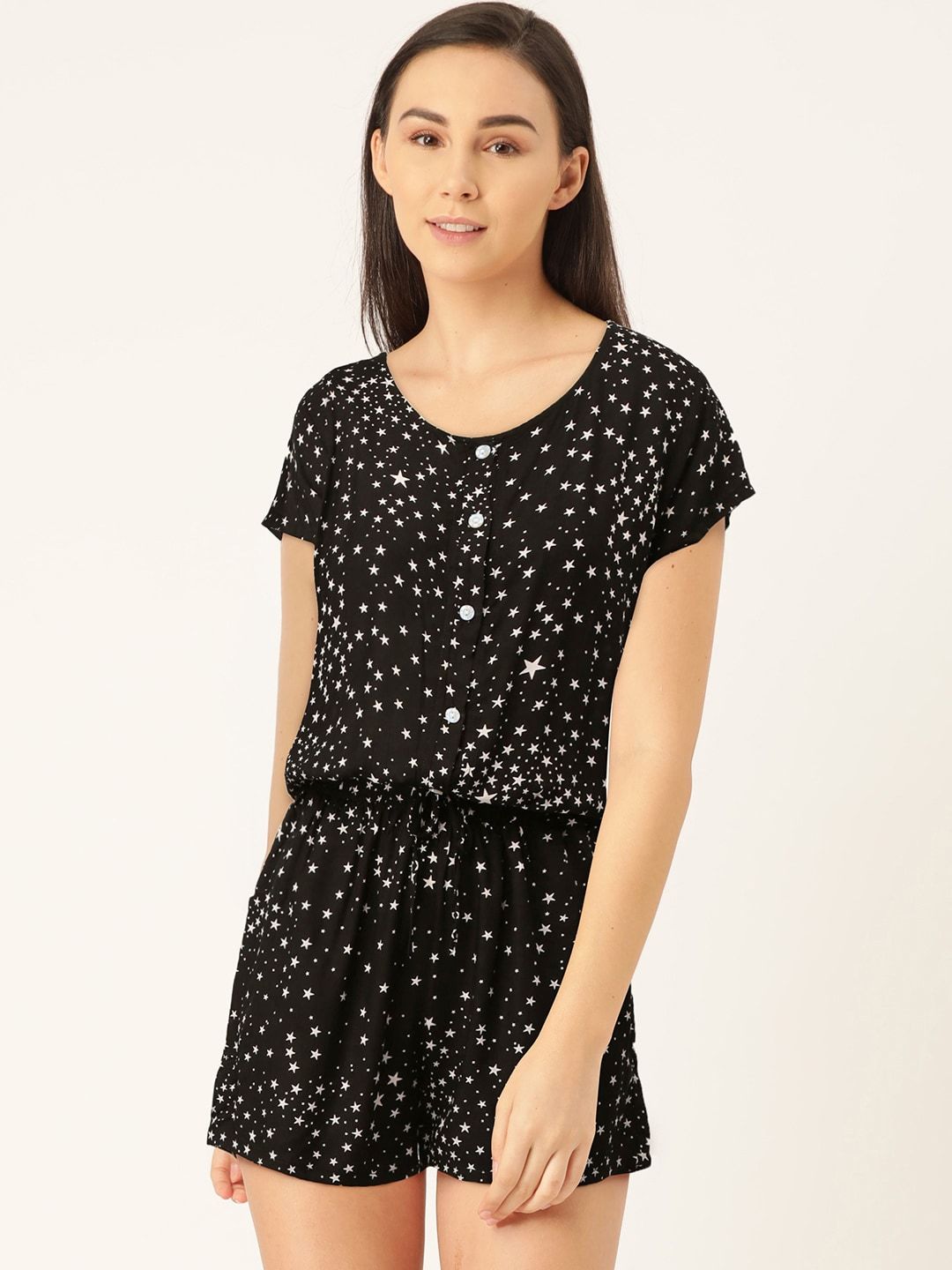 Sweet Dreams Women Black & White Star Printed Nightsuit Price in India