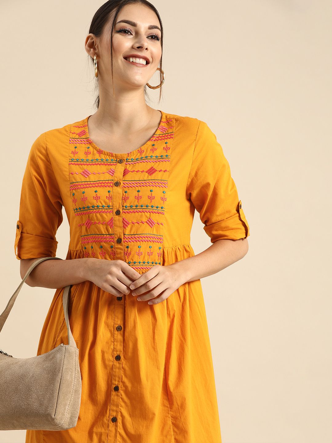 Anouk Mustard Yellow Embroidered Pleated Pure Cotton A-Line Dress Price in India
