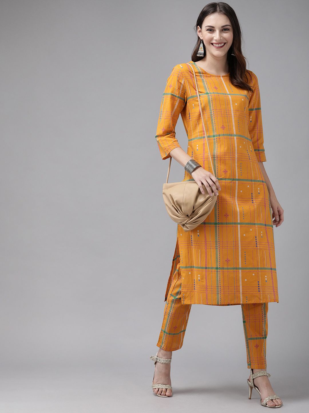 Anouk Women Mustard Yellow & Pink Printed Kurta with Trousers Price in India