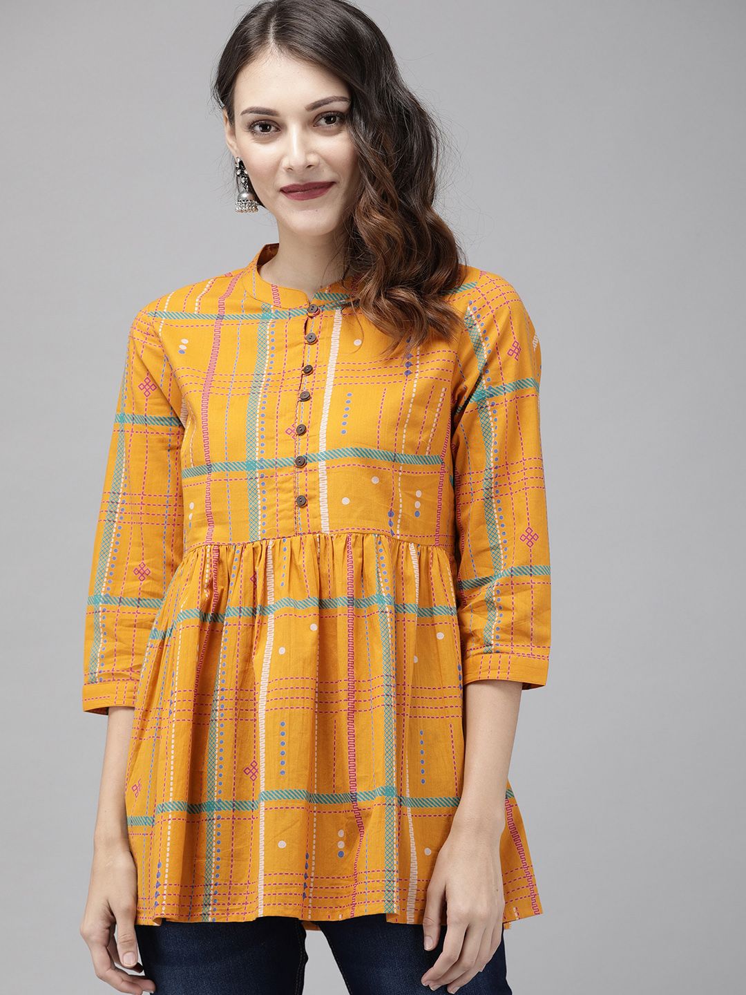 Anouk Yellow Checked Pure Cotton Top Price in India