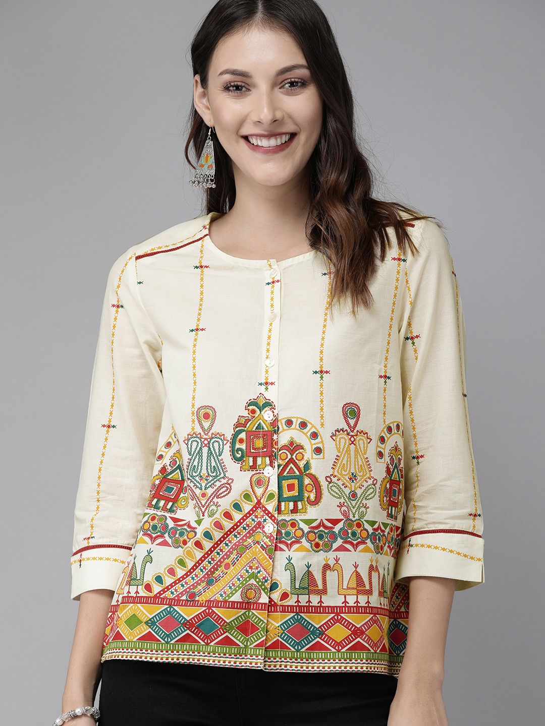 Anouk Beige & Red Antiviral Finish Ethnic Motifs Anti-Viral Pure Cotton Top Price in India