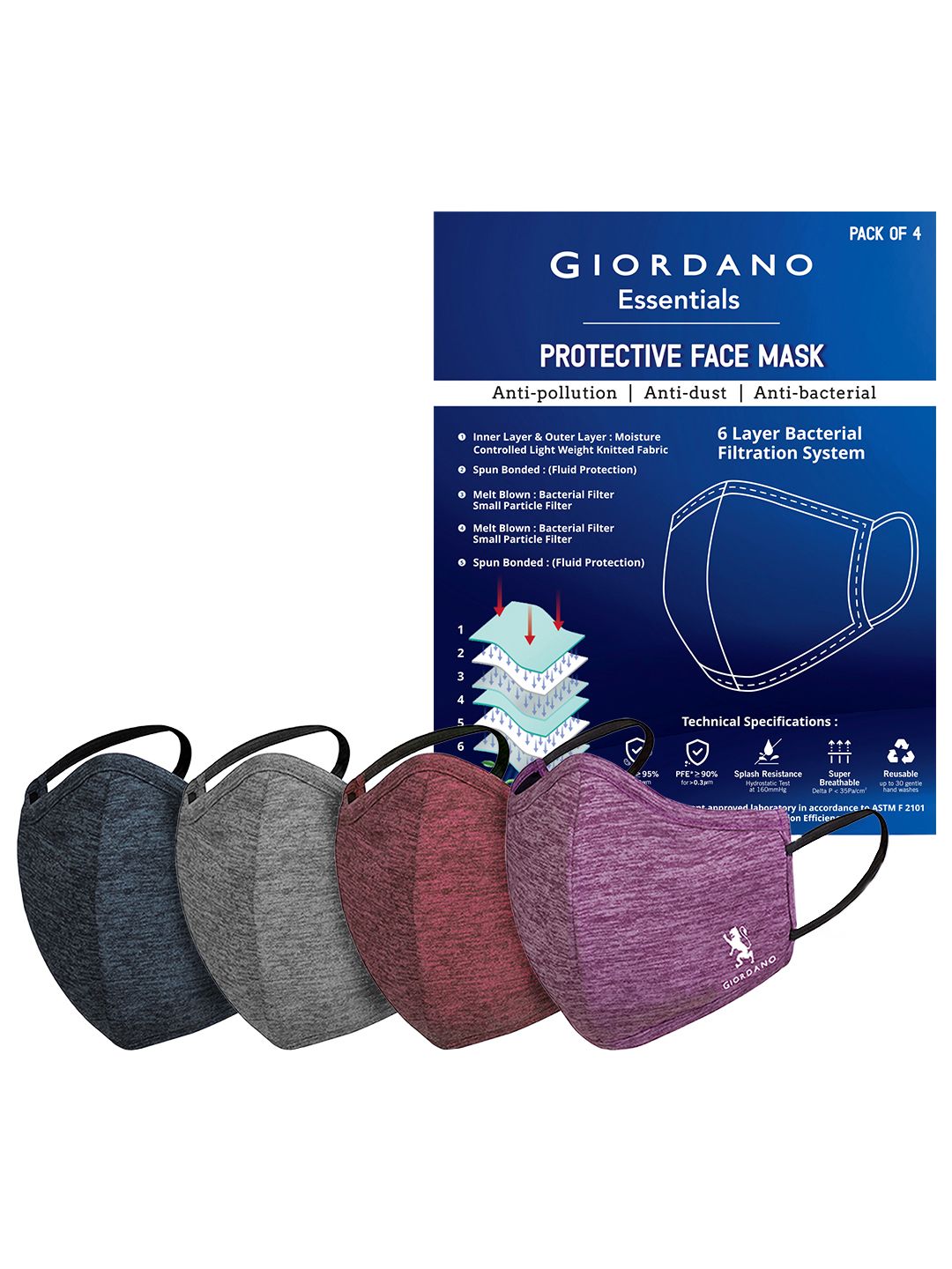 GIORDANO Unisex Pack Of 4 6-Ply Reusable Outdoor Face Mask Price in India