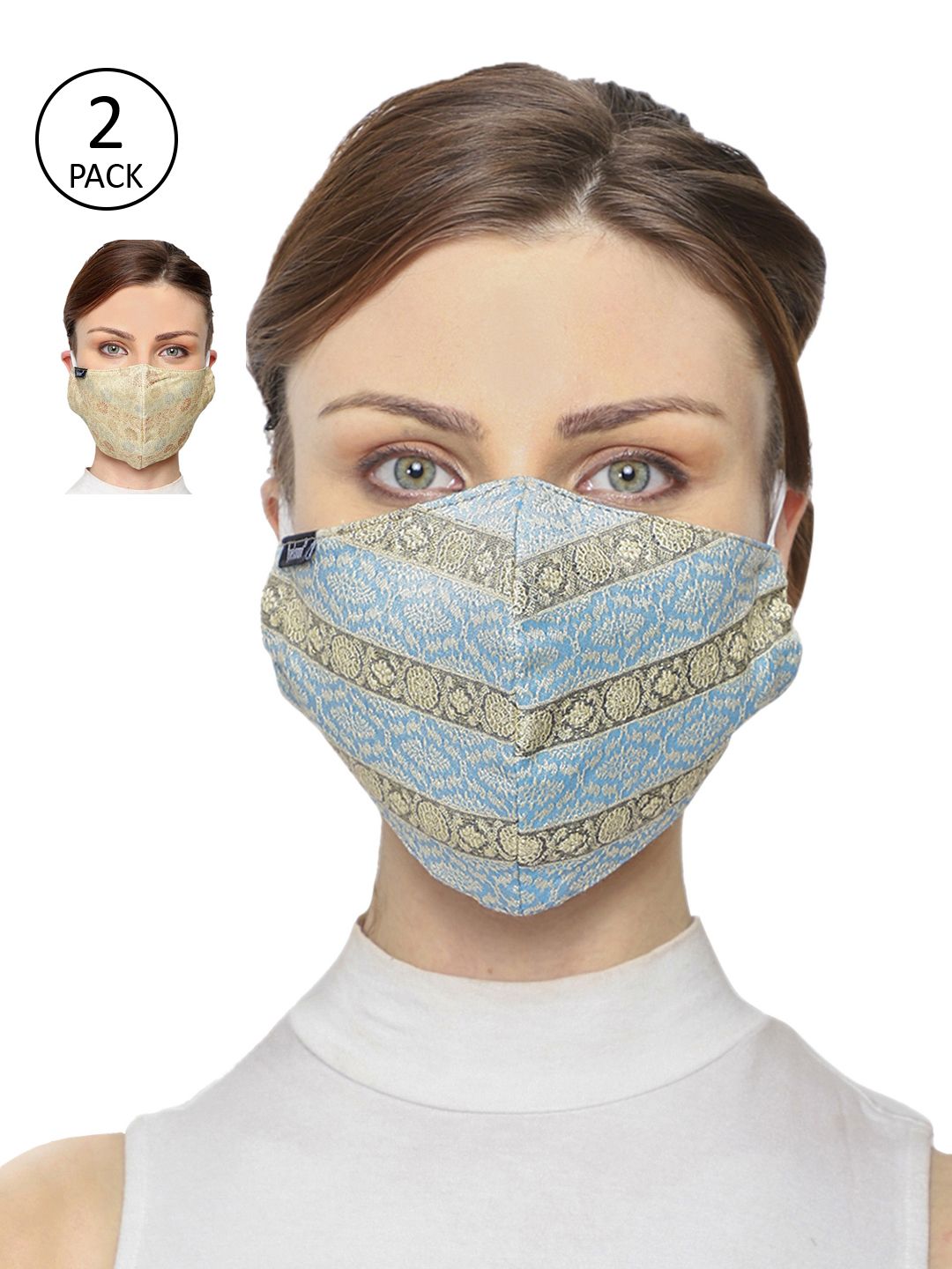 Anekaant Women Pack of 2 Pcs Blue & Beige Reusable 3-Ply Protective Outdoor Masks Price in India