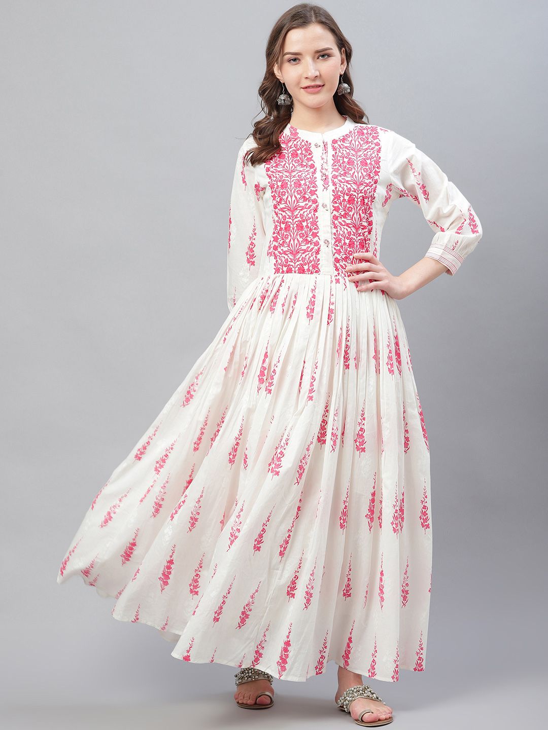 AHIKA Women Off-White & Pink Printed Anarkali Kurta Price in India