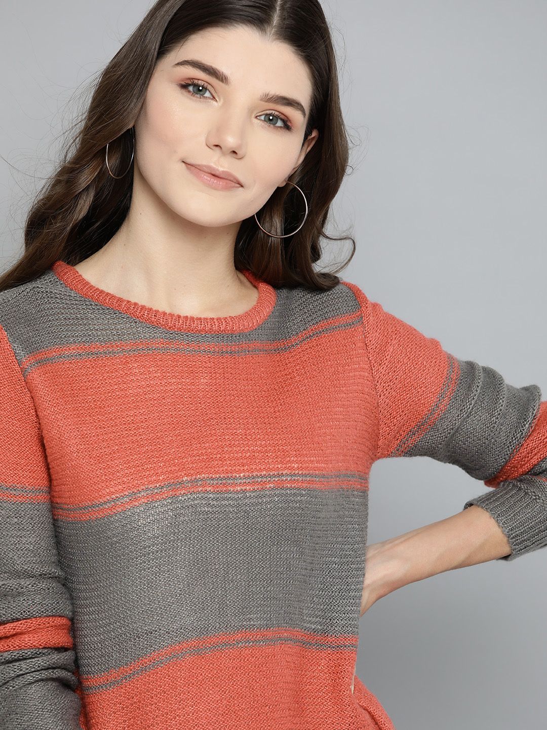 Mast & Harbour Women Coral Orange & Grey Striped Pullover Sweater Price in India