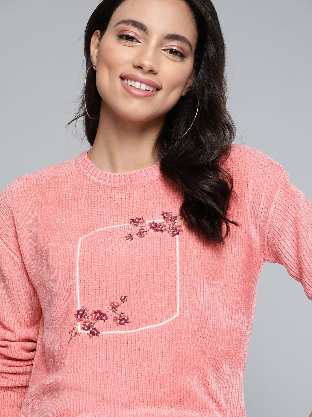 Mast & Harbour Women Pink Velvet Finish Embroidered Acrylic Acrylic Pullover Price in India