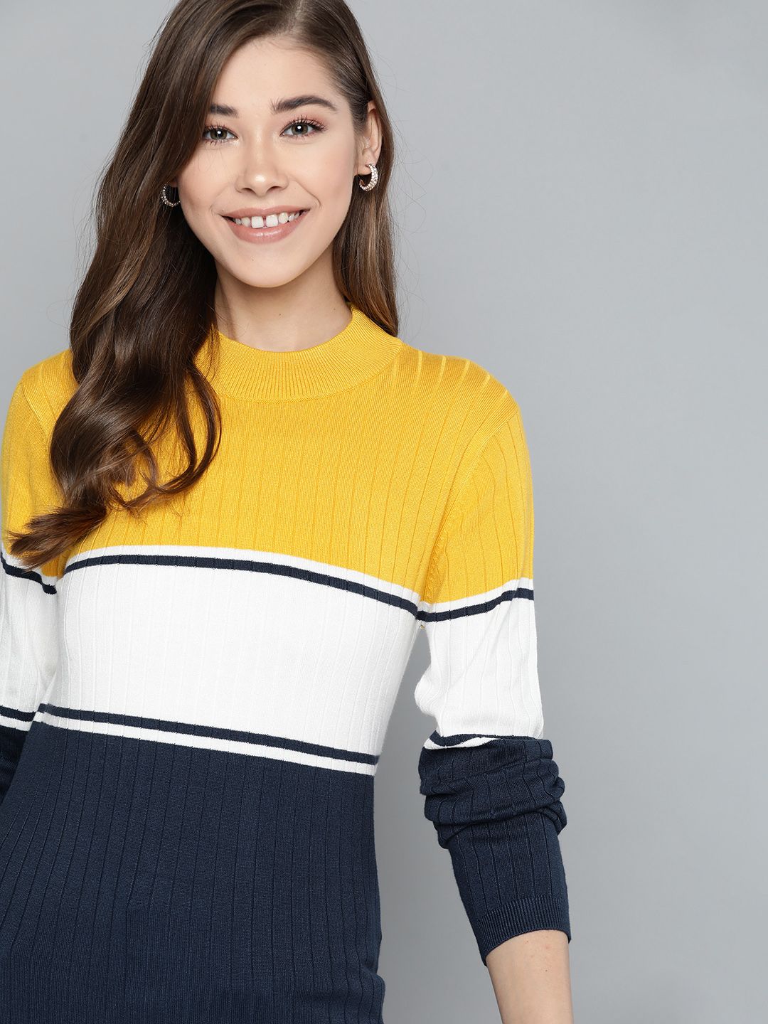 Mast & Harbour Women Mustard Yellow & White Colourblocked Pullover Price in India