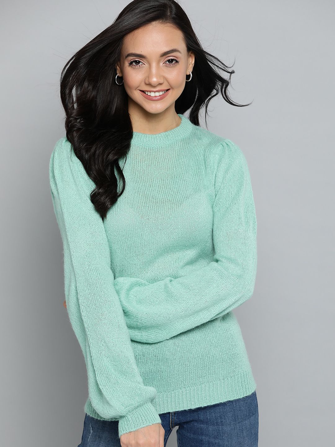 Mast & Harbour Women Green Solid Puff Sleeves Pullover Sweater Price in India