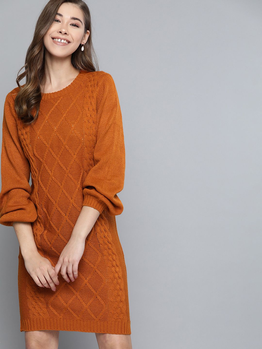 Mast & Harbour Women Rust Orange Cable Knit Winter Sheath Dress Price in India