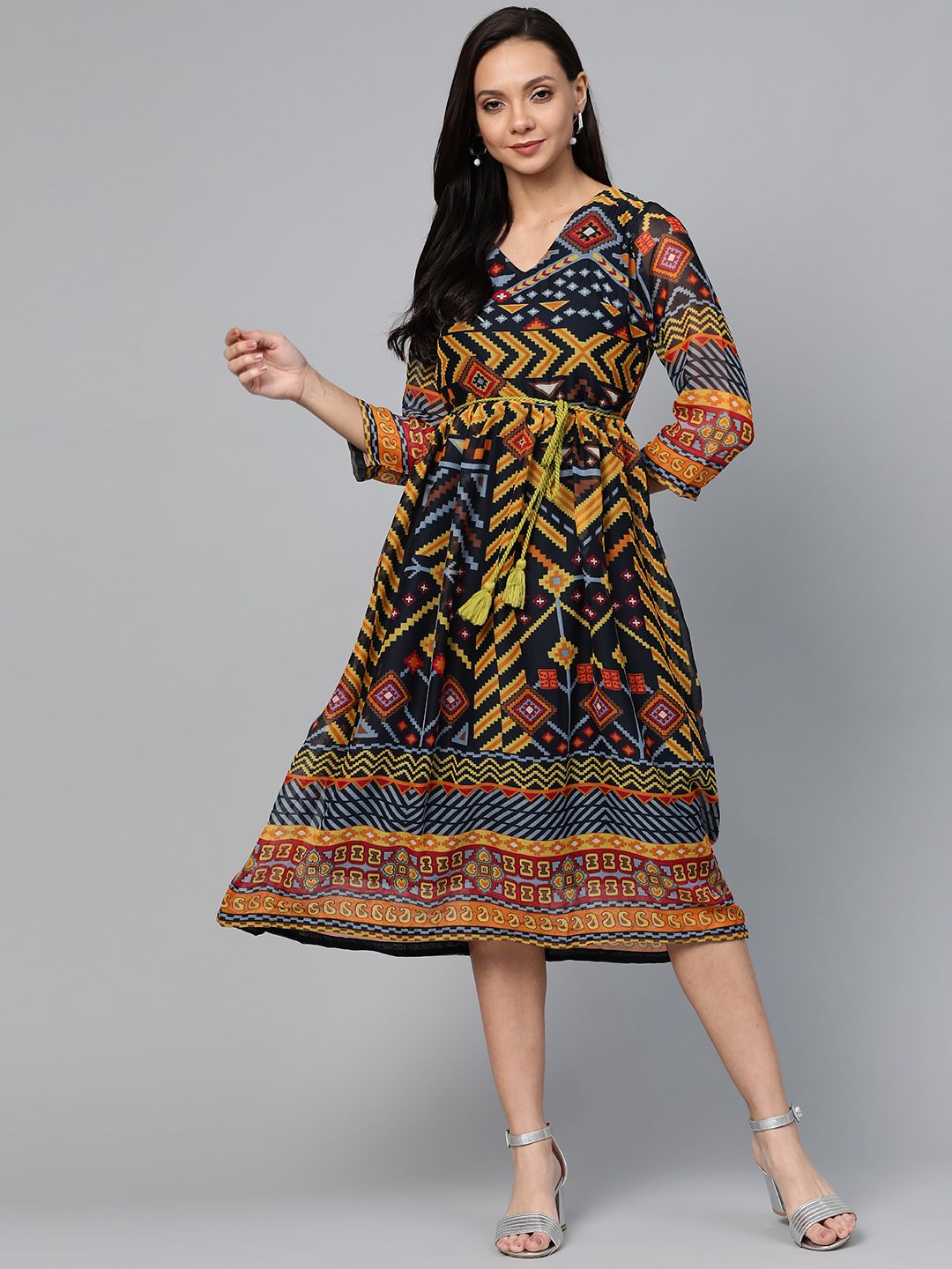 plusS Navy Blue & Mustard Yellow Geometric Printed A-Line Dress Price in India