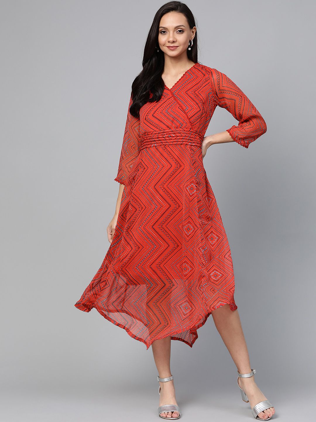 plusS Women Red & Black Printed Wrap Dress Price in India