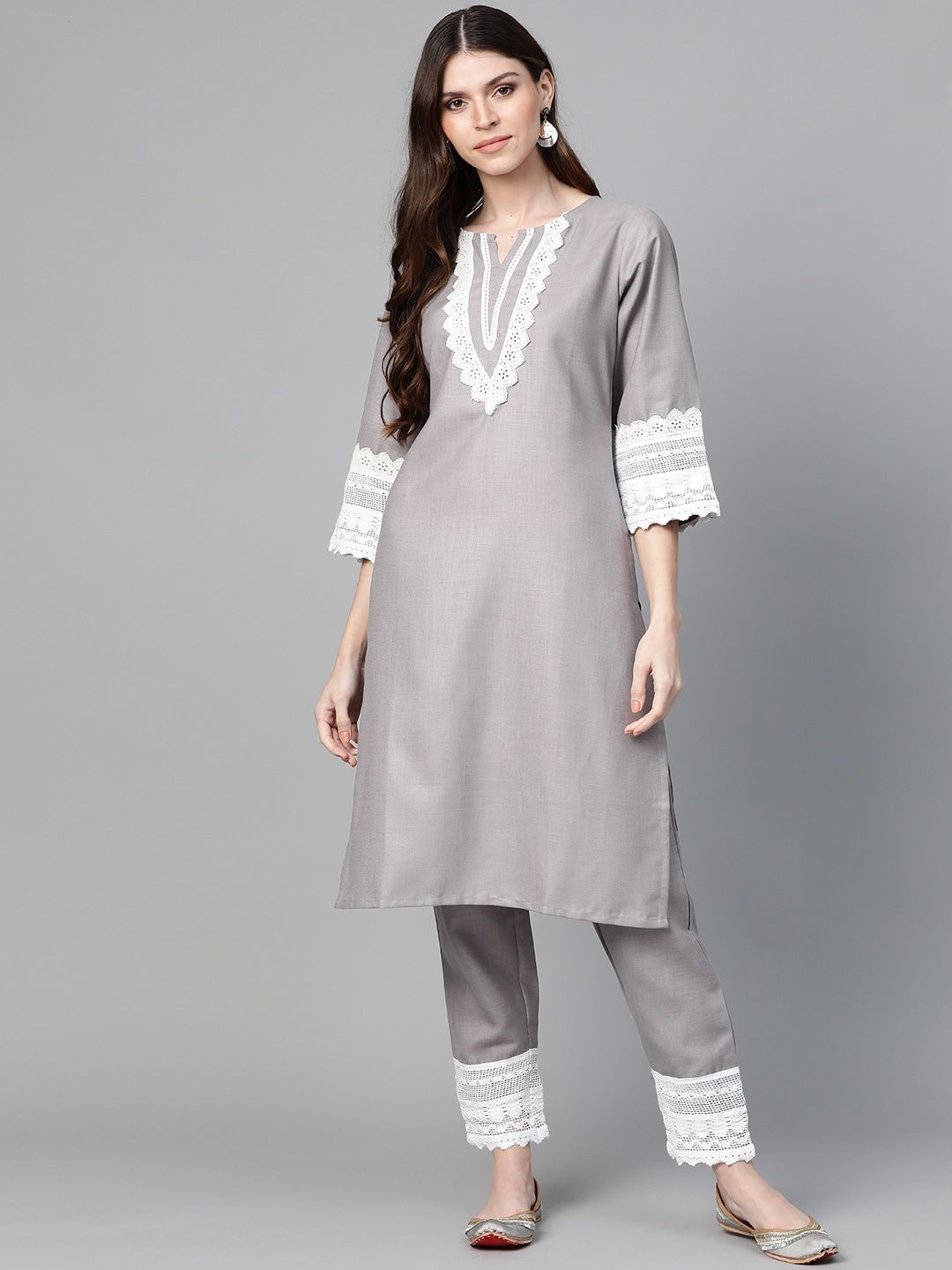 Bhama Couture Women Grey Solid Kurta & Trousers With Lace Insert Detail Price in India