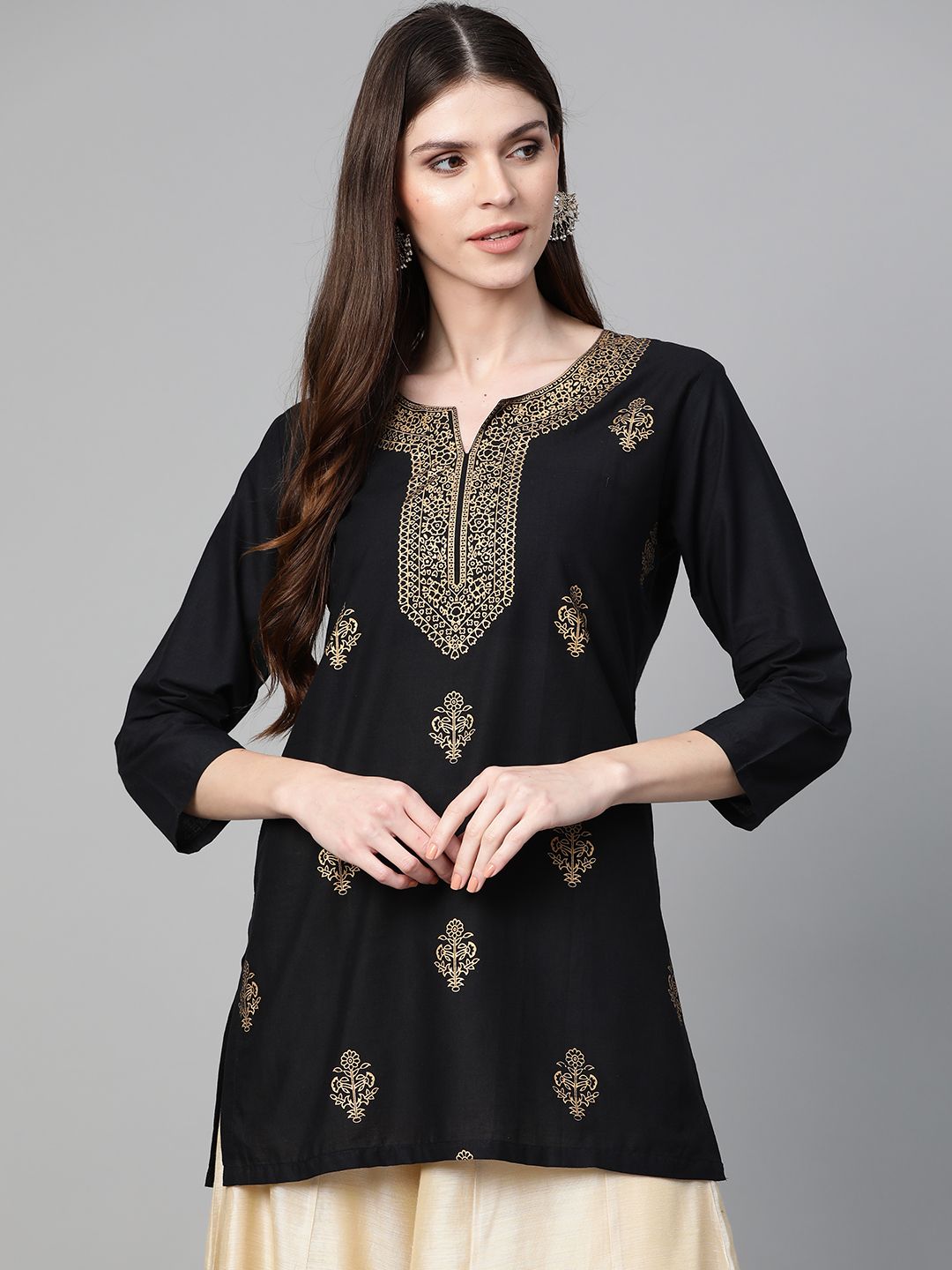 Bhama Couture Women Black & Golden Foil Print Tunic Price in India