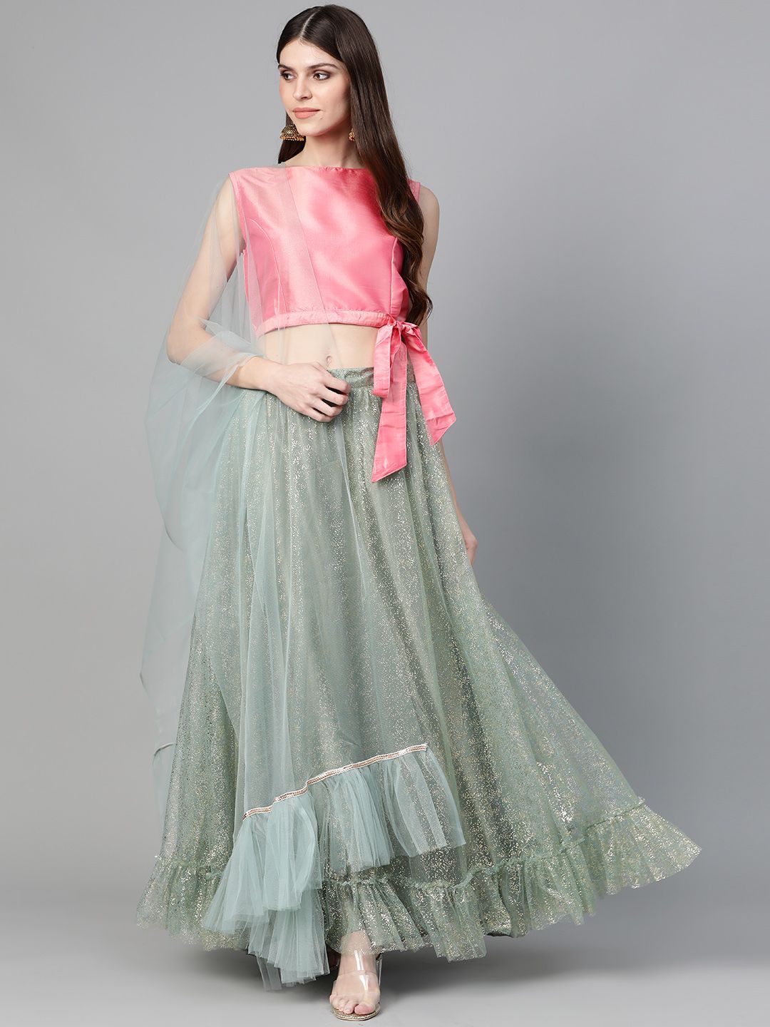 Bhama Couture Sea Green & Pink Printed Ready to Wear Lehenga & Solid Blouse with Dupatta