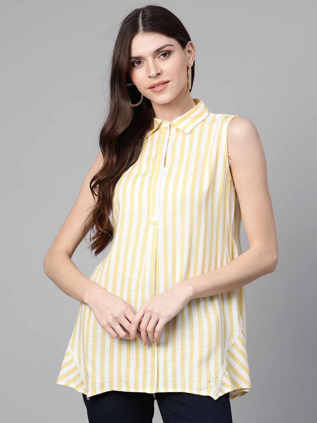 Bhama Couture Women Yellow & Off-White Striped Shirt Tunic Price in India