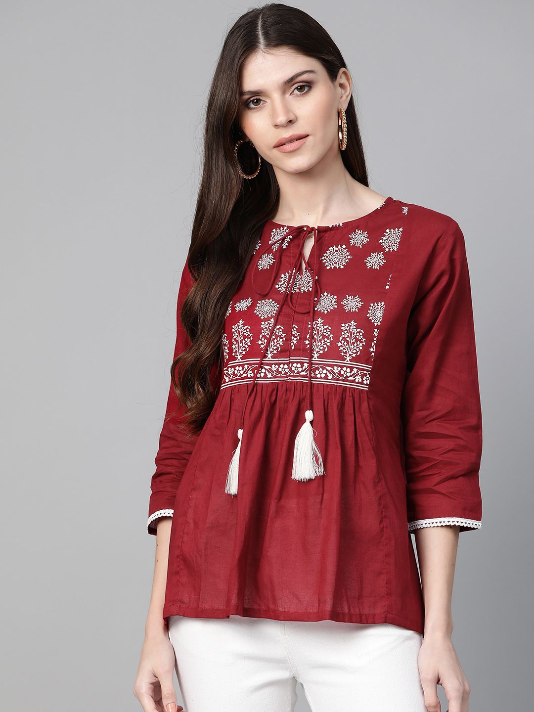 Bhama Couture Women Maroon Printed A-Line Top