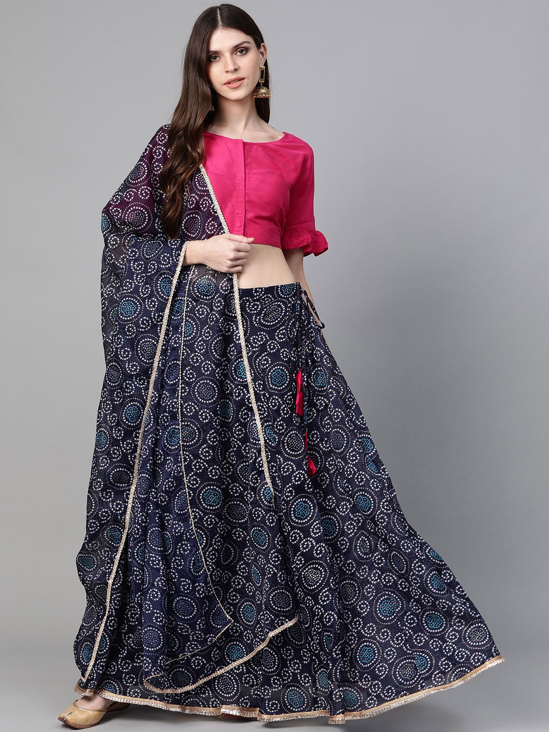 Bhama Couture Navy Blue & Pink Bandhani Print Ready to Wear Lehenga with Blouse & Dupatta