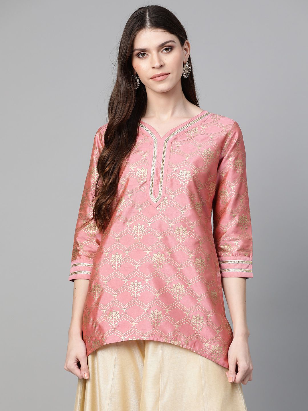 Bhama Couture Women Pink & Golden Printed Asymmetric Tunic Price in India