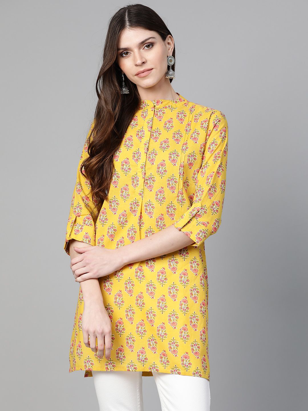 Bhama Couture Women Mustard Yellow & Pink Floral Print Tunic Price in India