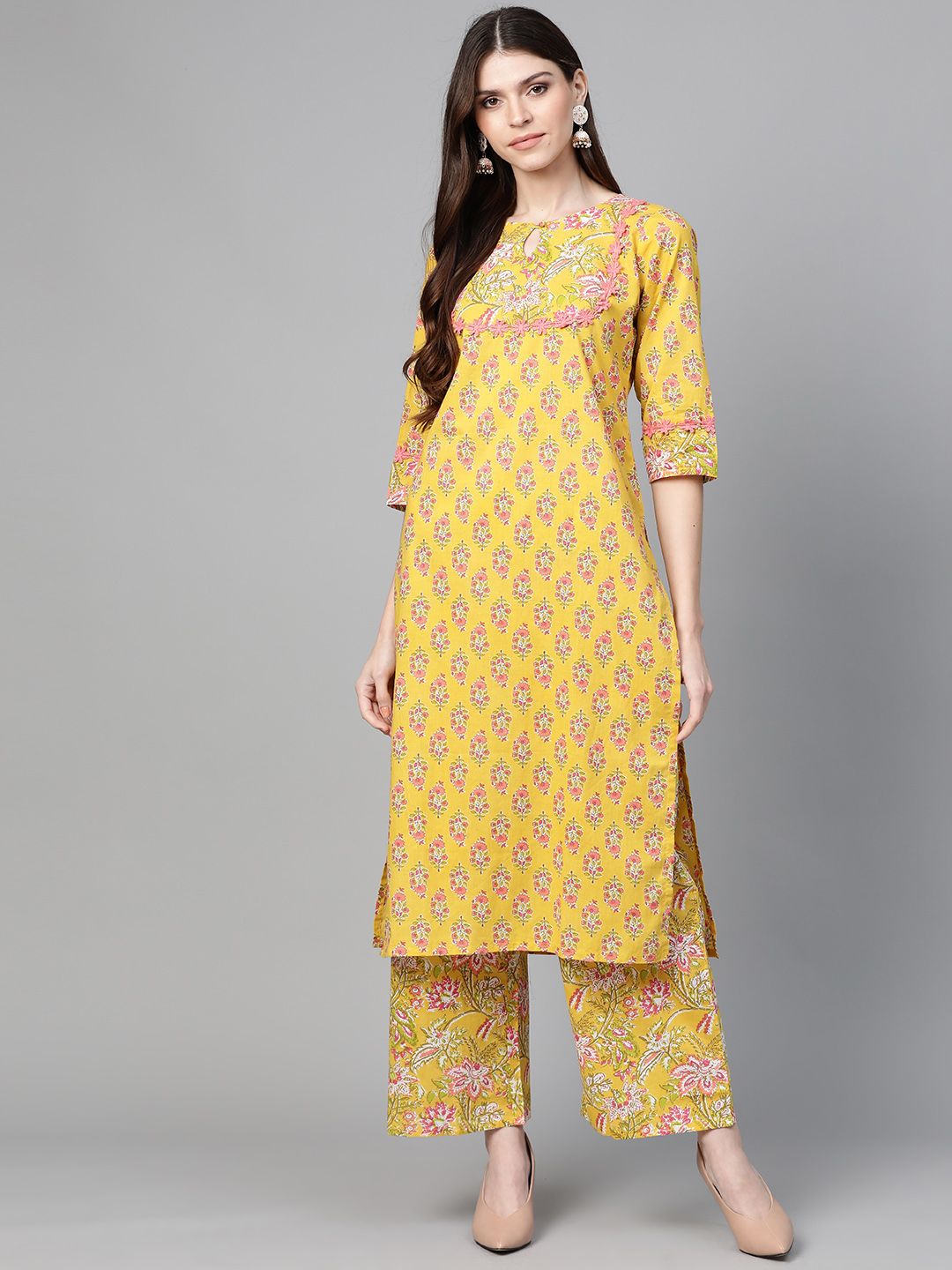 Bhama Couture Women Mustard Yellow & Coral Pink Floral Print Kurta with Palazzos Price in India