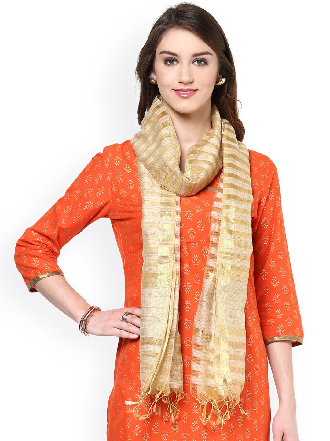 Dupatta Bazaar Gold-Toned Striped Dupatta Price in India