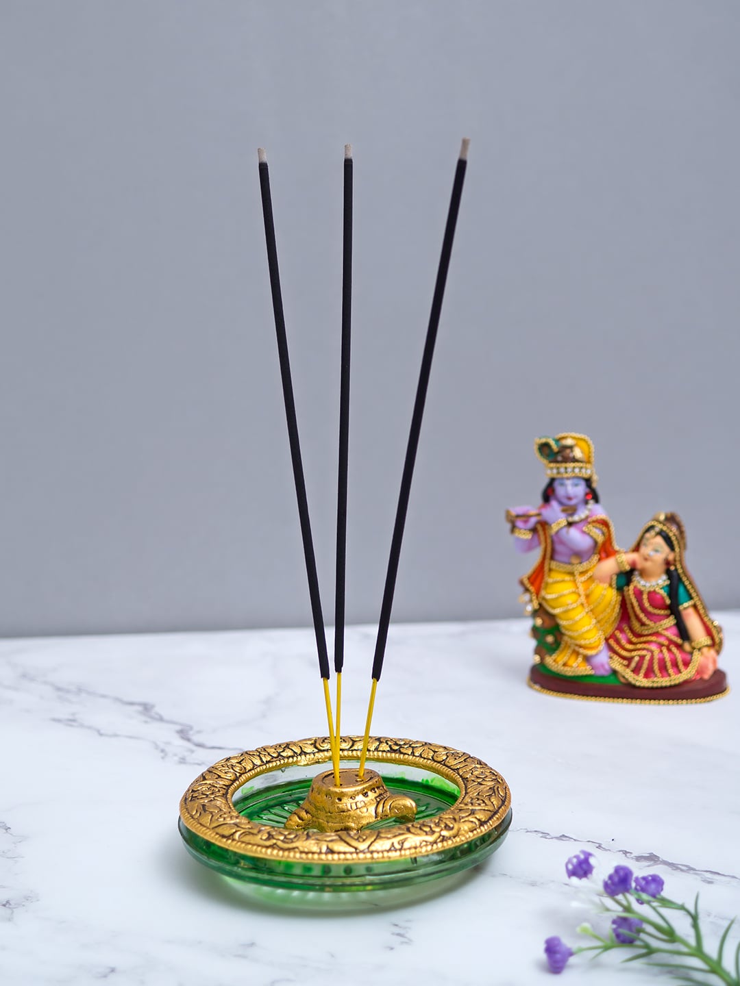 Golden Peacock Gold-Toned & Green Handcrafted Round Tortoise Glass Incense Stick Holder Price in India