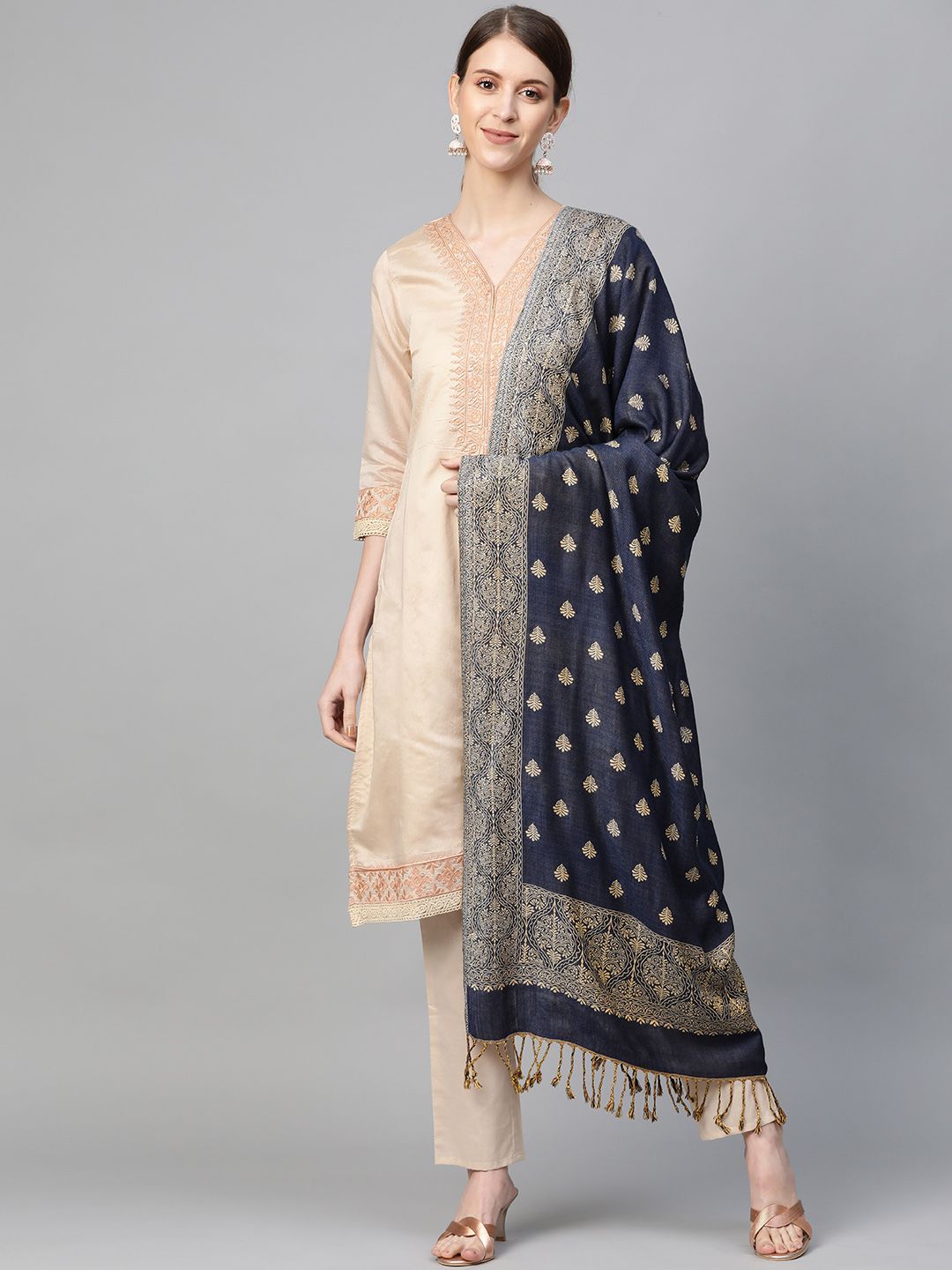 WEAVERS VILLA Women Navy Blue & Beige Woven Design Tasselled Stole Price in India