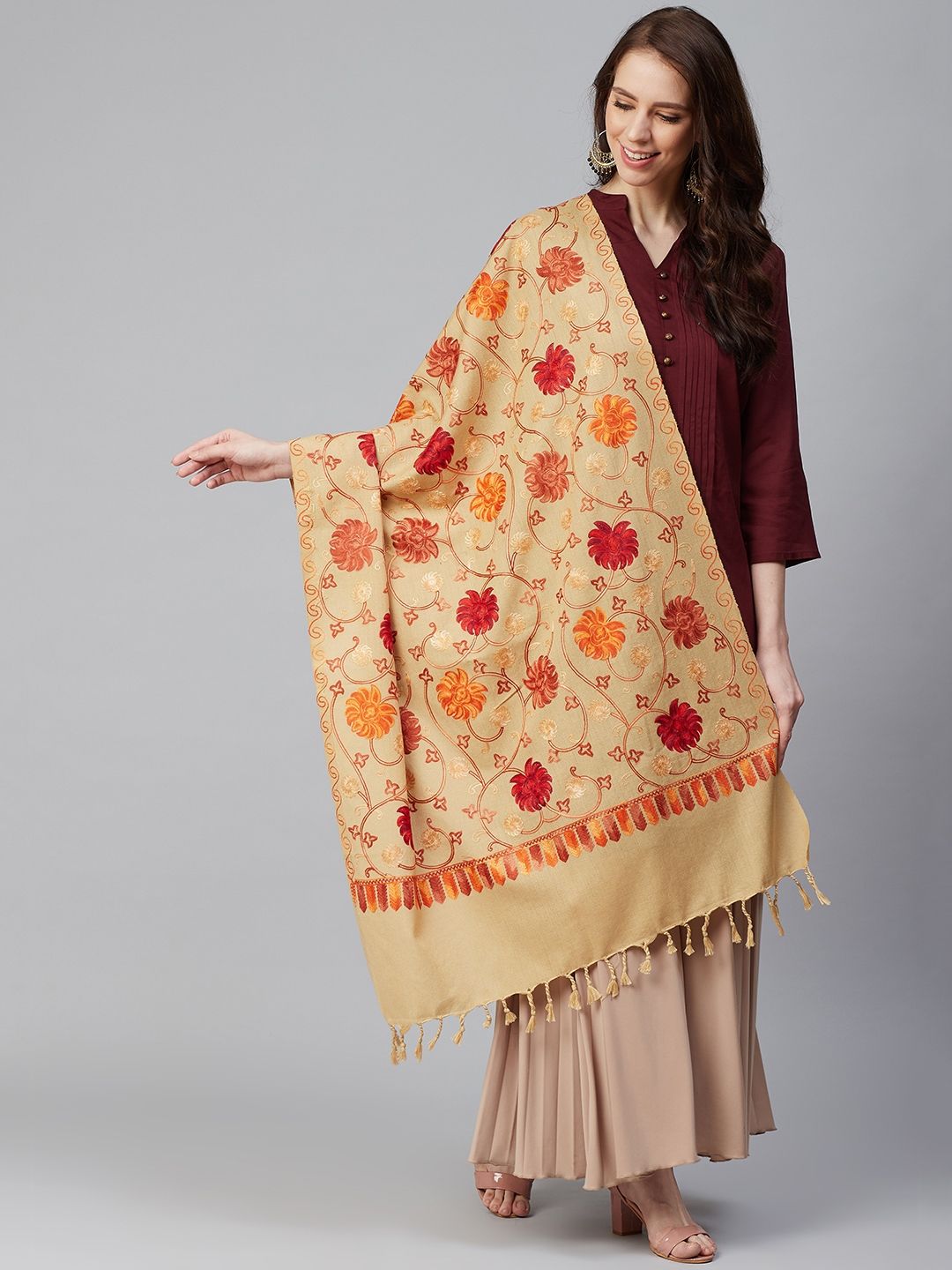 WEAVERS VILLA Women Beige & Red Aari Wrok Embroidered Shawl Price in India