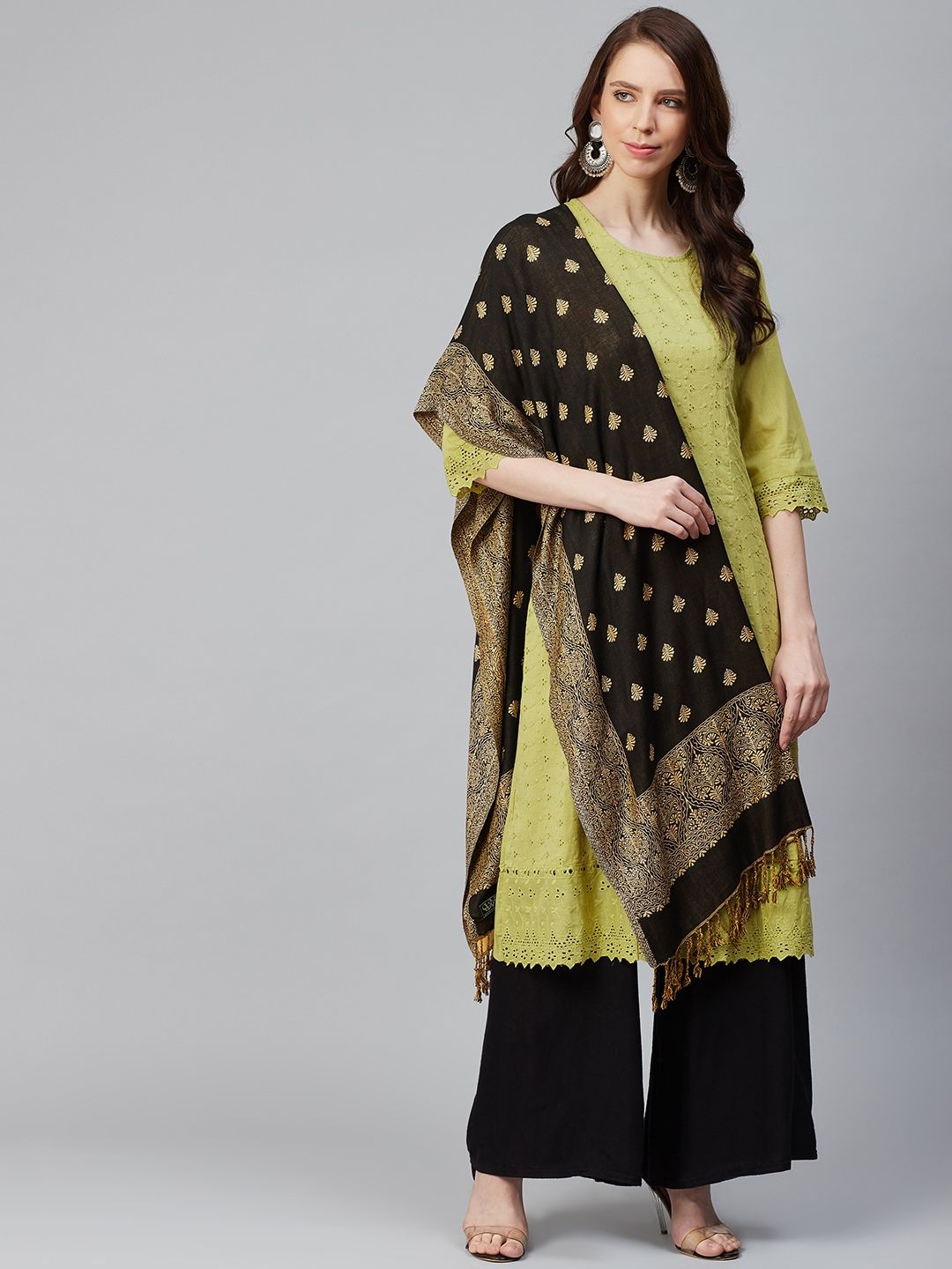 WEAVERS VILLA Women Black & Beige Woven Design Stole Price in India