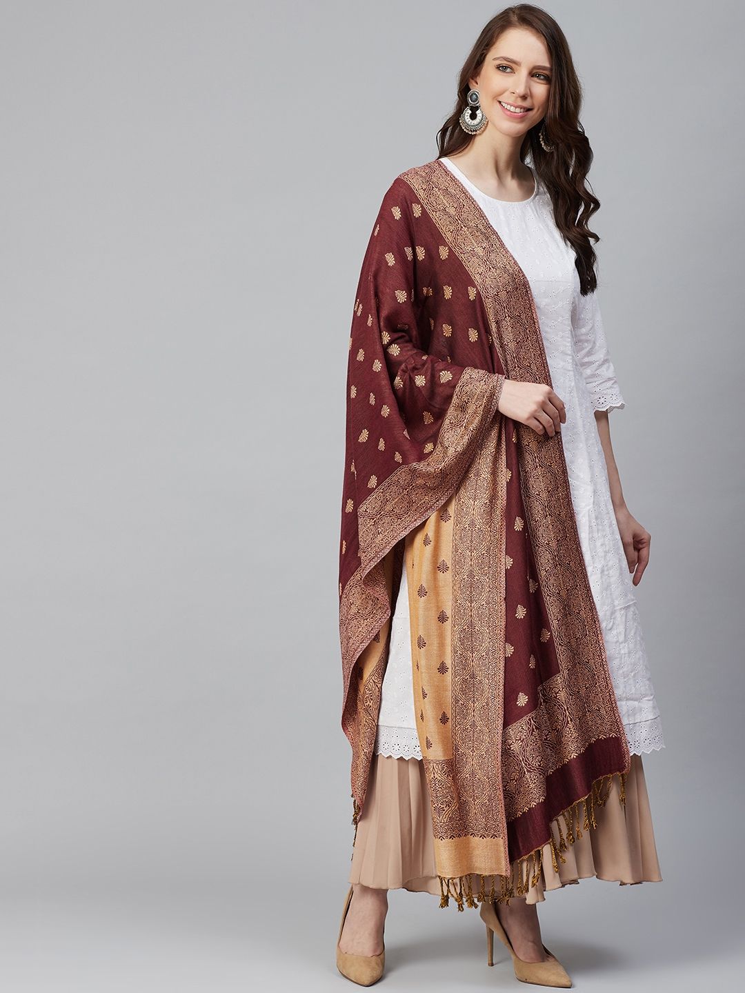 WEAVERS VILLA Women Brown & Beige Woven Design Stole Price in India