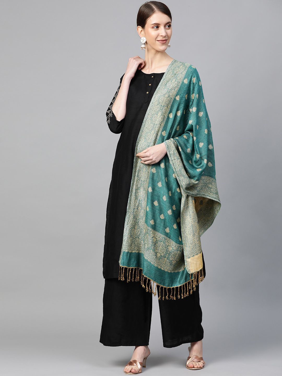 WEAVERS VILLA Women Green & Beige Woven Design Tasselled Stole Price in India