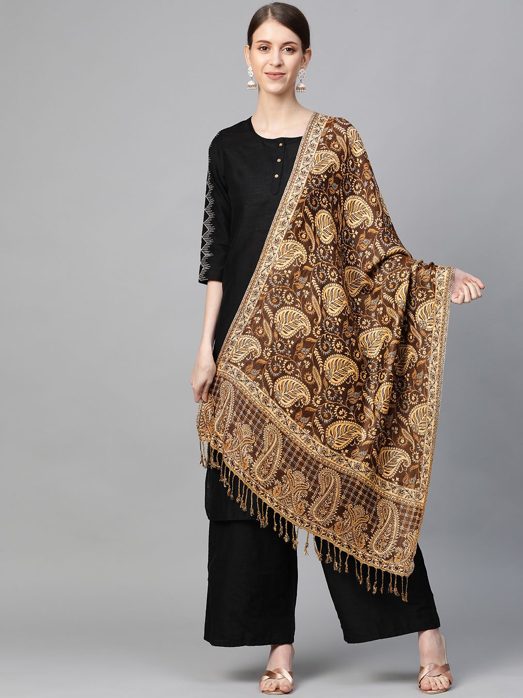 WEAVERS VILLA Women Brown & Beige Woven Design Stole Price in India