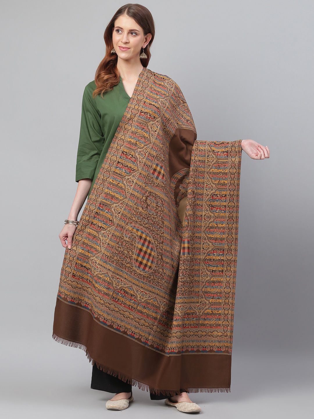 WEAVERS VILLA Women Brown & Beige Woven Design Shawl Price in India