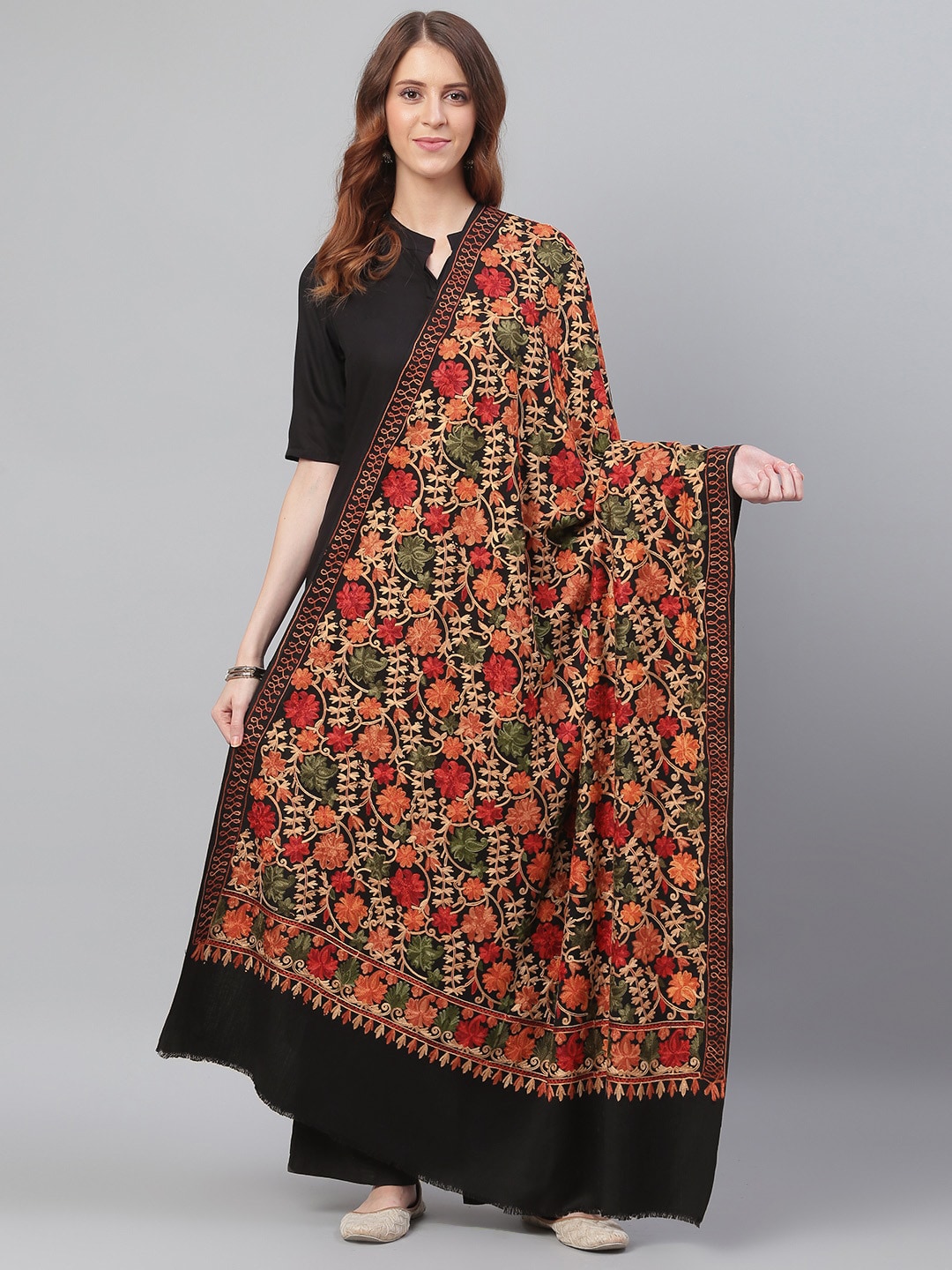 WEAVERS VILLA Black & Orange Floral Embroidered Shawl Price in India