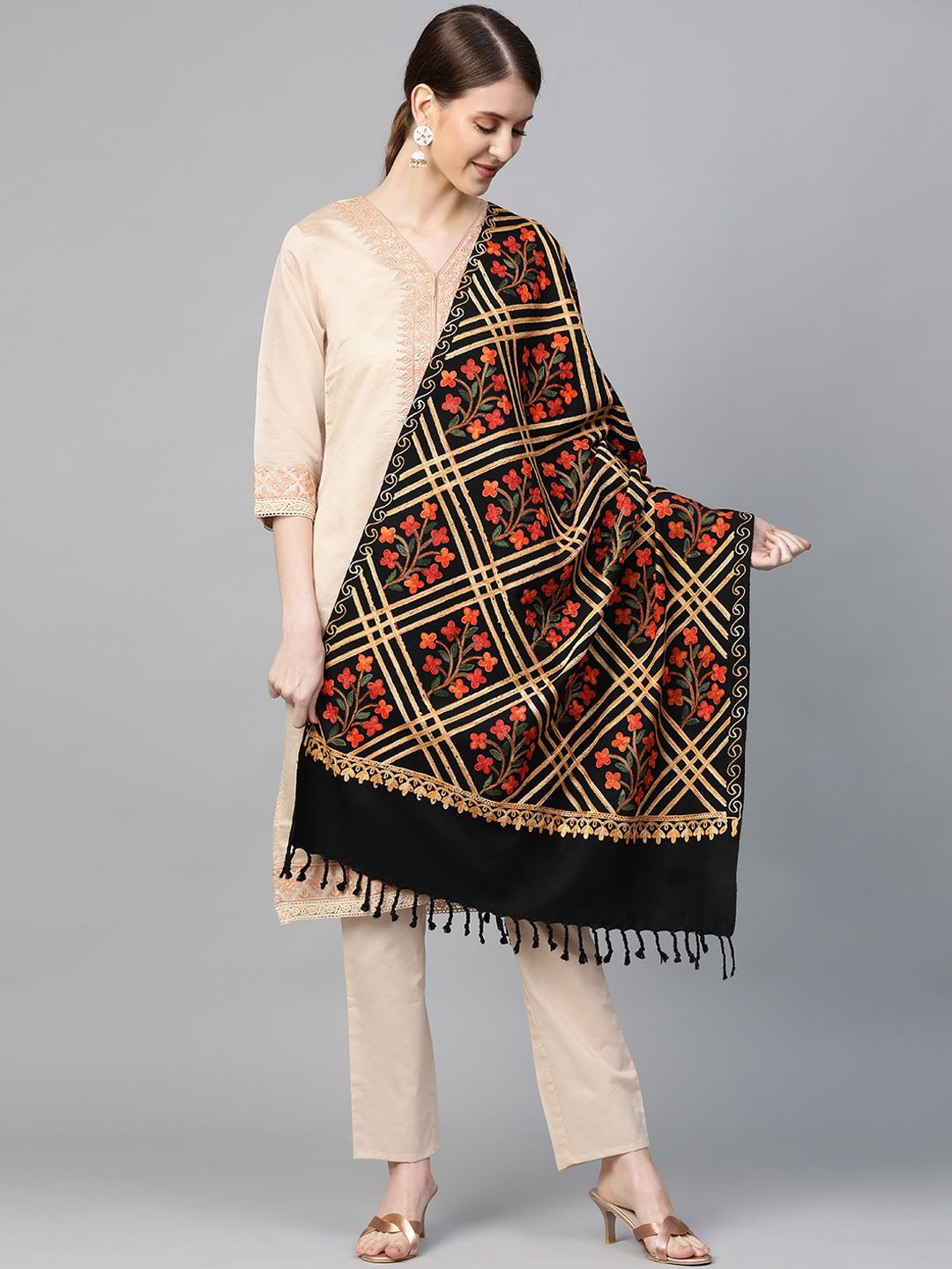 WEAVERS VILLA Women Black & Orange Embroidered Shawl Price in India